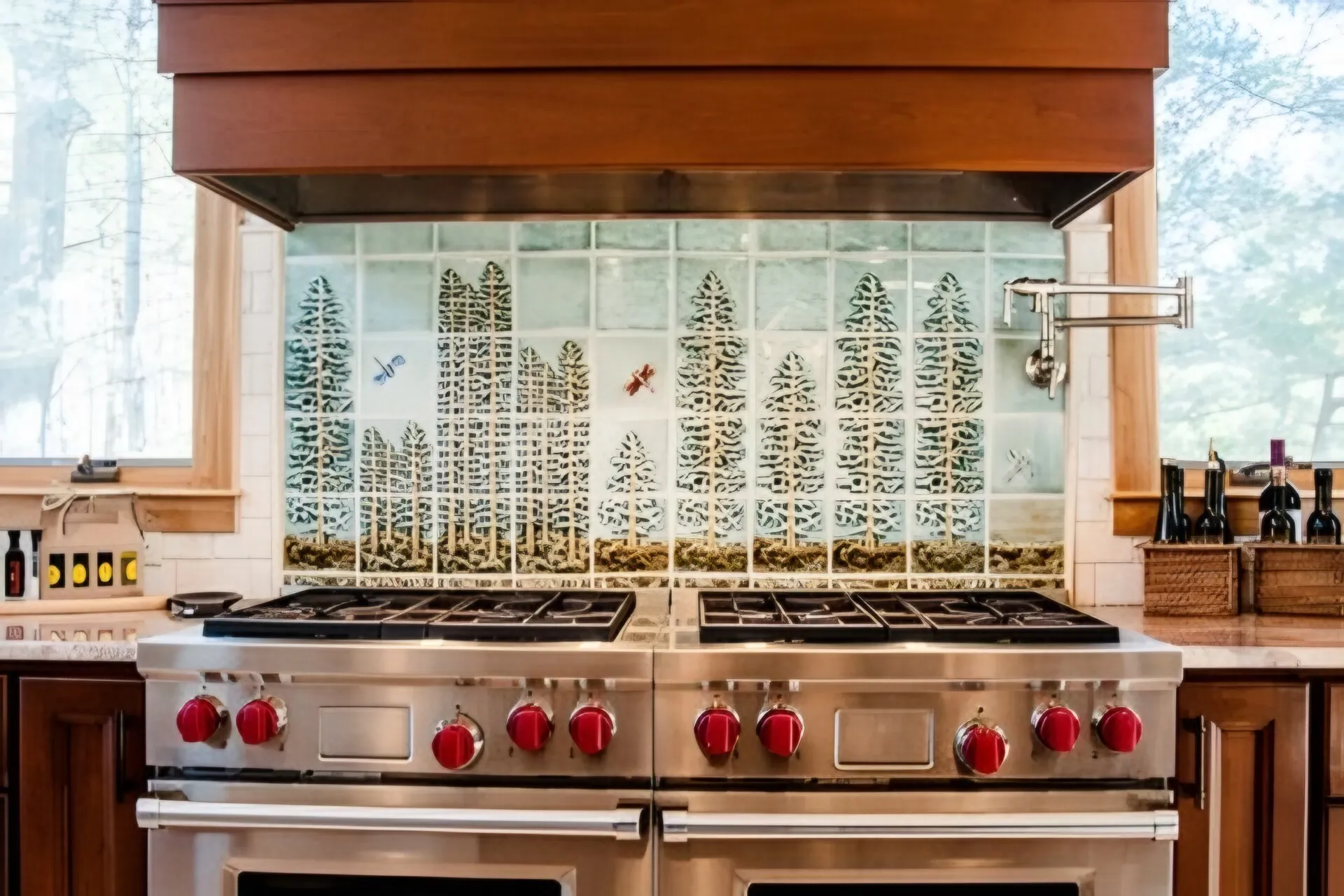 Professional range with red knobs under a wood hood, backed by hand-painted tiles of pine trees and a pot filler